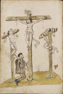 Sixteenth-century pen and wash drawing of Calvary with pilgrim praying
