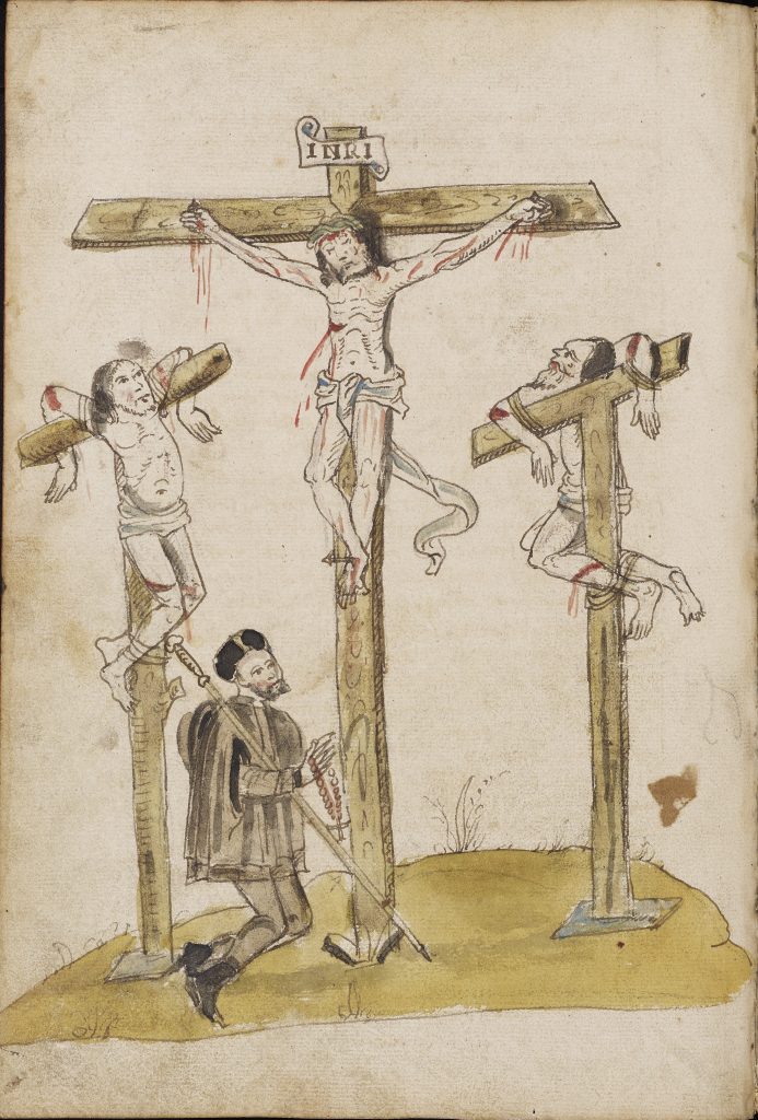 Sixteenth-century pen and wash drawing of Calvary with pilgrim praying